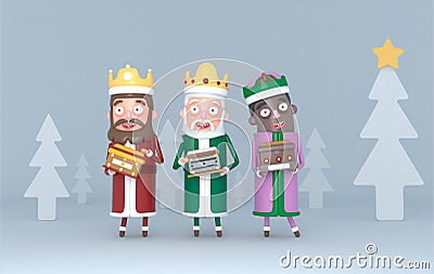 Three Magic Kings holding a placard with Greetings.3d illustration. Stock Photo