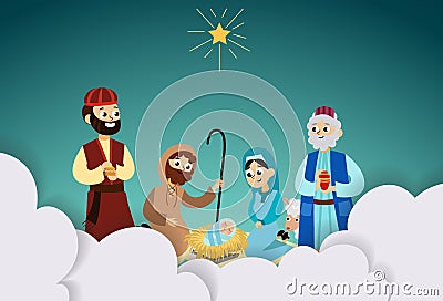 Three magic kings of orient bringing presents to Christ crafted paper cut Vector Illustration