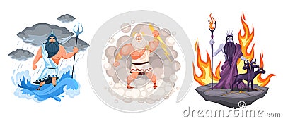 Three main greek gods. Cartoon Zeus, Poseidon and Hades elements surrounded, waves, clouds and fire environment, ancient Vector Illustration