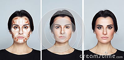 Three makeup steps: contouring, blending, full makeup Stock Photo