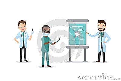 Three male doctors,different poses.Isolated on white background Vector Illustration