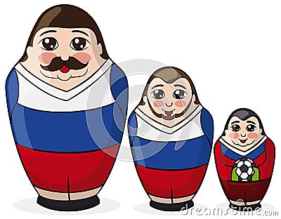 Three Matryoshka Dolls Painted like Soccer Players with Russian Colors, Vector Illustration Vector Illustration