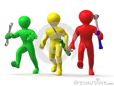 Three man with tools. Maintenance. 3d Stock Photo