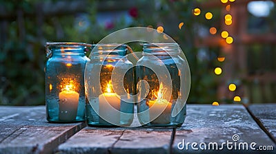 Three Mason Jars With Lit Candles on Table Stock Photo