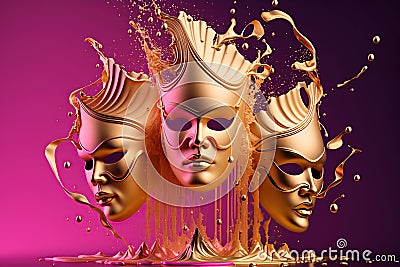 Three Masquerade golden and magenta carnival masks with sparks splash, Stock Photo