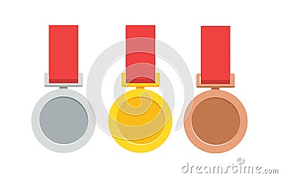 Three medal with gold madel and silver, bronze madel and red ribbon. vector illustration Vector Illustration