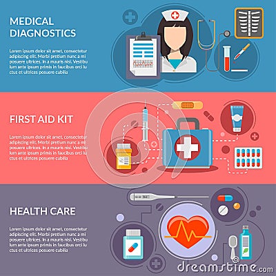 Three medical horizontal banners with medical Vector Illustration