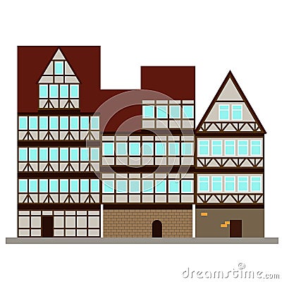 Three medieval houses on the street Vector Illustration