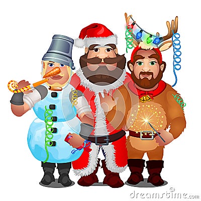 Three men in funny carnival Christmas costumes isolated on white background. Vector cartoon close-up illustration. Vector Illustration
