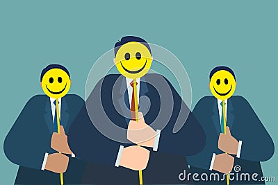 Three men holds yellow smiling mask to cover his face Vector Illustration