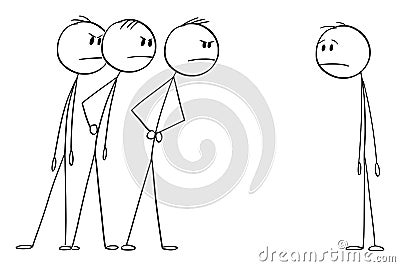 Three Men Looking Angrily or Angry at One Man. Vector Cartoon Stick Figure Illustration Vector Illustration