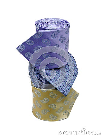 Three men neatly stacked rolled color ties isolated on white Stock Photo
