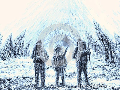 Three men stands at the entrance to the cave. Blue color. Cartoon Illustration