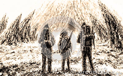 Three men stands at the entrance to the cave. Sepia color. Cartoon Illustration