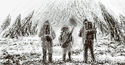 Three men stands at the entrance to the cave. Cartoon Illustration