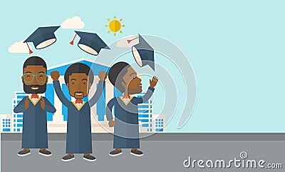 Three men throwing graduation cap Vector Illustration