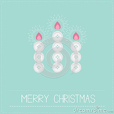 Three merry Christmas candles button applique on blue background Dash line Flat design Vector Illustration