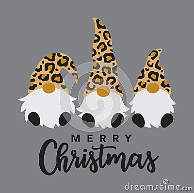 Three Merry Christmas Gnomes with Leopard Print Pattern Hat Vector Illustration