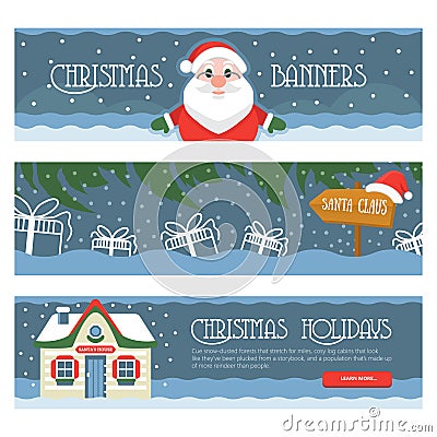 Three Merry Christmas isolated banners on a white background with gift boxes, Santa Klaus, Santas House and snowflake. Cartoon Illustration