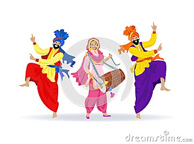 Three merry Sikh people in colorful clothes, men in turbans dancing bhangra, lady with dhol drum Vector Illustration