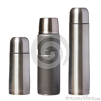 Three metal thermoses isolated on white Stock Photo