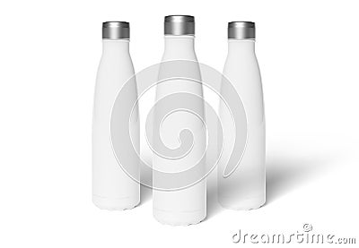 Three metal water bottles mockup on white. Blank sport insulated drink template Stock Photo