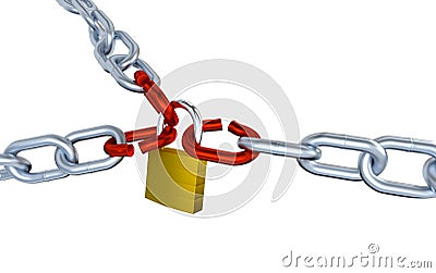 Three Metallic Chains with Three Stressed Link Locked with a Padlock Stock Photo