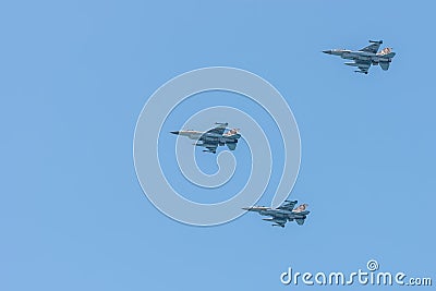 Three military aircraft in the sky in Tel Aviv. Independence Day in Israel, a national holiday. Israel Air Force show Editorial Stock Photo