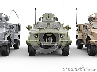 Three military all terrain vehicles - front view closeup shot Stock Photo