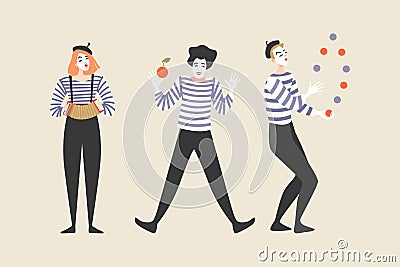Three mimes juggle and play the harmonica Vector Illustration
