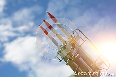 Three missiles on the installation are aimed upwards. weapons of mass destruction, missile defense. Stock Photo