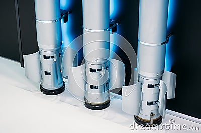 Three missiles weapons warhead innovation construction Stock Photo