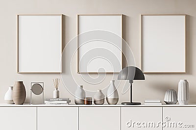 Three mock up posters frame on wall in modern interior background, living room. Books vase lamp on cabinet. Scandinavian style. 3D Stock Photo