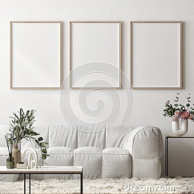 Three mock up posters in living room, Interior mock up design for presentation,. Cartoon Illustration