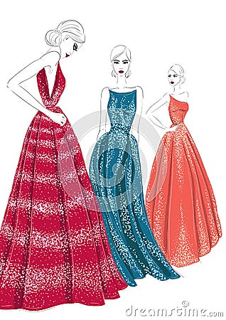 Three models in couture dresses Vector Illustration