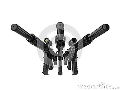 Three modern assault rifles with silencers Stock Photo