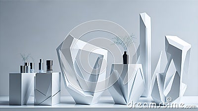 Three modern glossy white geometric shape podium table. Ai Generated Stock Photo