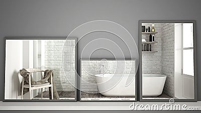 Three modern mirrors on shelf or desk reflecting interior design scene, scandinavian classic bathroom, minimalist white architectu Stock Photo