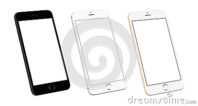 Three modern mobile phone devices in isometric, side position Stock Photo