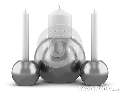 Three modern round candlesticks with candles Stock Photo