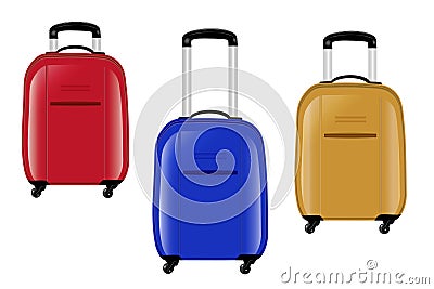 Three modern suitcases on wheels. Red, blue and yellow. Vector Vector Illustration