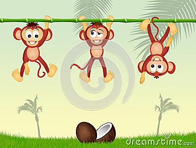 Three monkeys on bamboo Cartoon Illustration