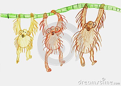 Three monkeys hang on a branch. Children`s drawing Stock Photo