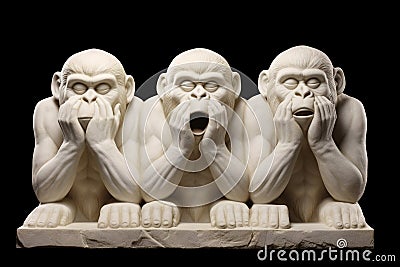 three monkeys made with marble white stone on black background Stock Photo