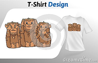 Three monkeys see no evil t-shirt print. Mock up t-shirt design template. Vector template, isolated on white background. Vector Illustration