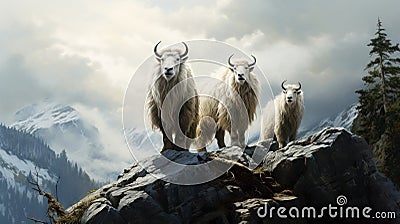 Three mountain goats standing on peak with mountains behind, AI Generated Stock Photo