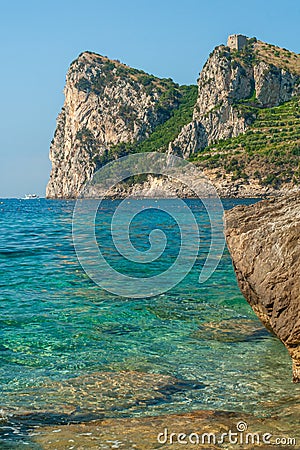 The three mountain laces of Ieranto, taken from the bay of Nerano Stock Photo