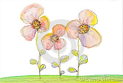 Three multicolor flowers grow in a field. Watercolor drawing Stock Photo