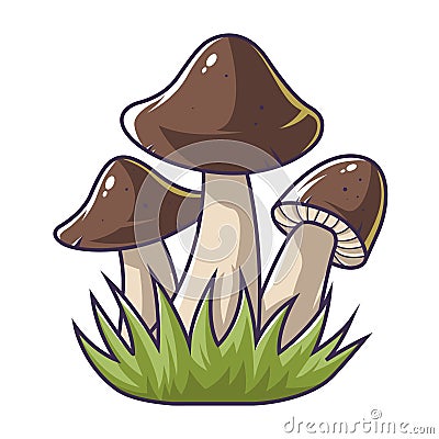 Three mushrooms in the grass. Cartoon Illustration