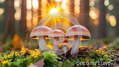 Three Mushrooms Growing in a Sunlit Forest Stock Photo